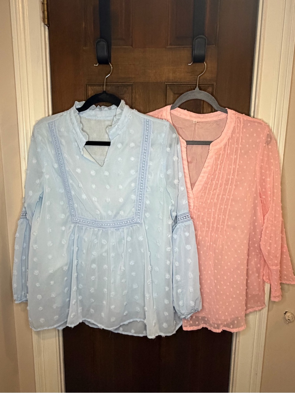 Lot of 2 Lined Swiss Dot Blouses L/ M Pink Blue Boho Romantic Peasant Tops